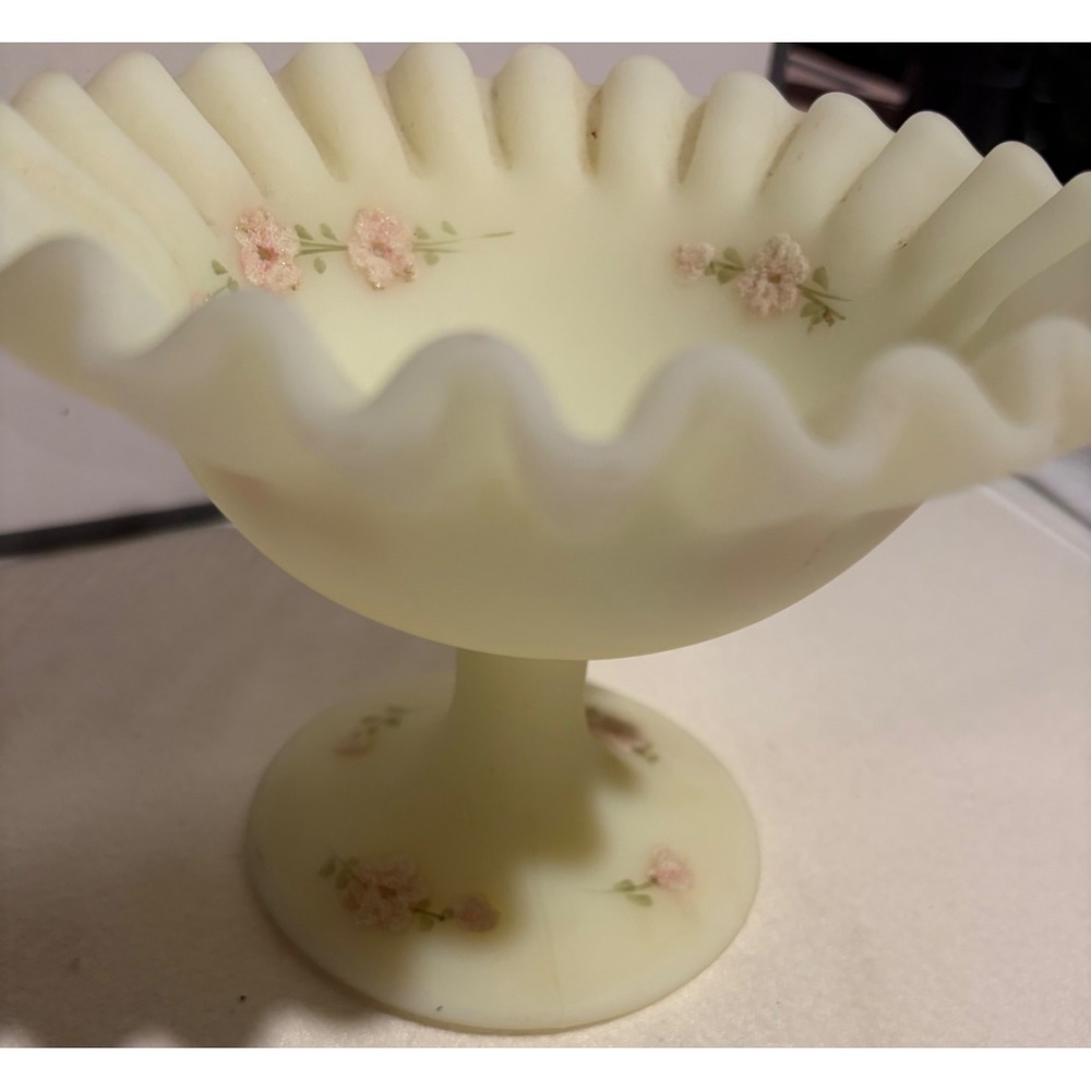 Fenton Custard Uranium Glass Compote Hand Painted Floral Ruffled Dish 5.25" - Picture 2 of 5